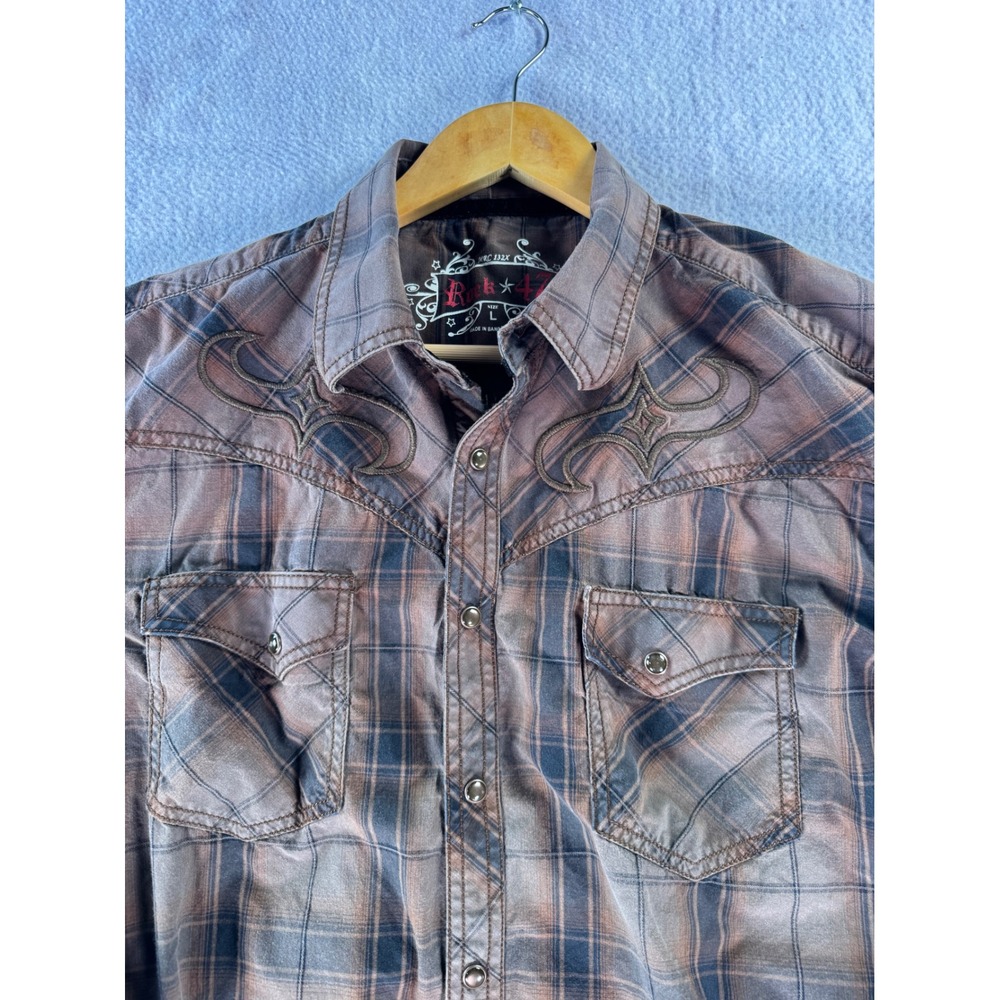 Rock 47 by Wrangler Mens Brown Plaid Western Snap Embroidered Shirt Large - Picture 5 of 7